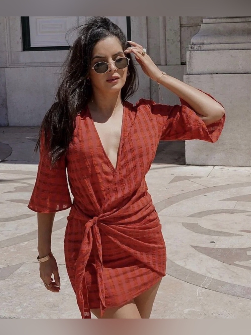 NWT- Zara- Rust Red Tie-Front Mini Dress- L
